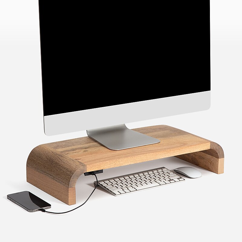 Anji Mountain Mango Wood Monitor Stand with Two USB Ports, Up to 32" Monitor, Natural (MS-CRV-MNG-P) image 1