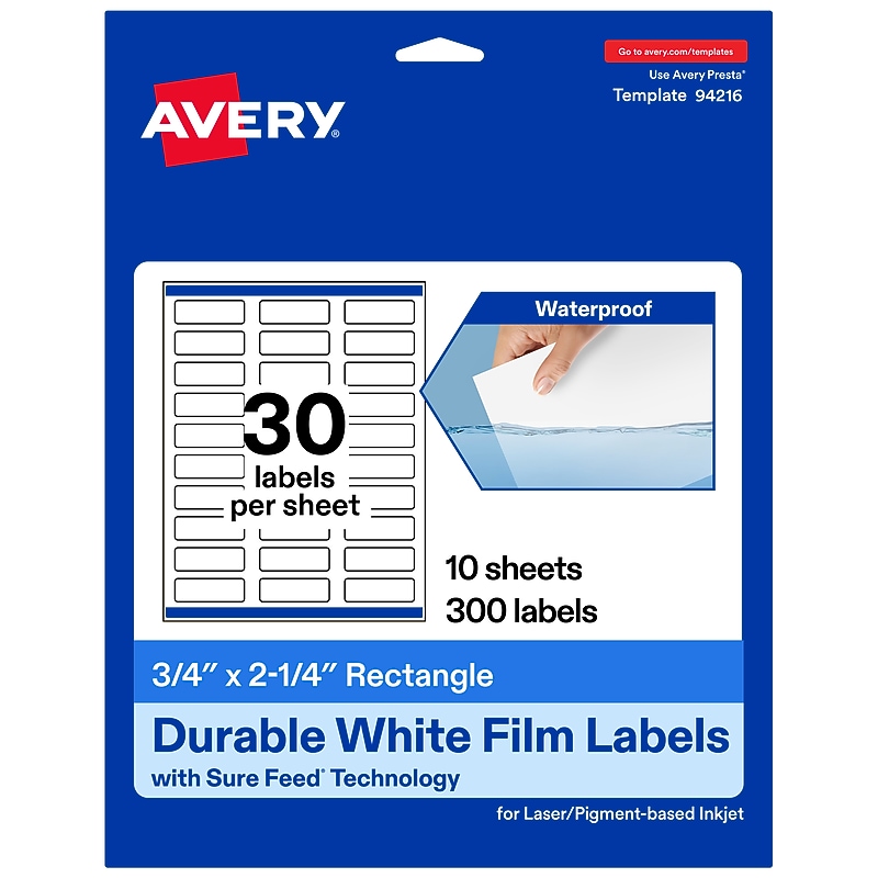 Avery Laser/Inkjet Waterproof Multipurpose Rectangle Labels, 0.75" x 2.25", White, 300 Labels/Pack (94216) image 1