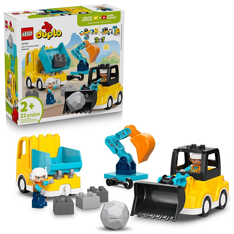 LEGO DUPLO Town 3 in 1 Construction Vehicles Building Set, 22 Pieces (10475) image 1
