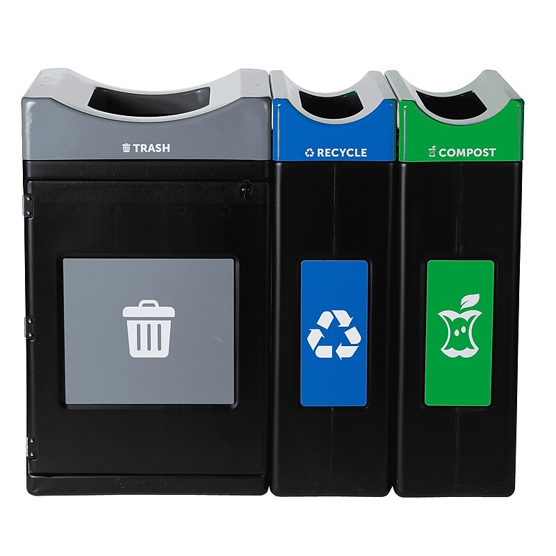 Commercial Zone Avante Series Polyethylene Triple-Stream Trash, Recycling and Compost Center, 115 Gallon, Black (787303MSA) image 1