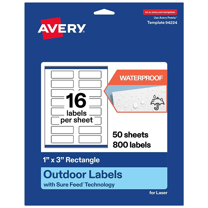 Avery Waterproof Rectangle Laser Multipurpose Labels, 1" x 3", White, 800/Box (19479399254) image 1