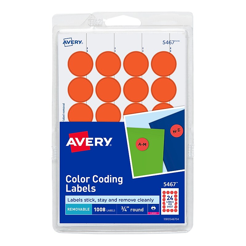 Avery Easy Peel Laser Color-Coding Labels, 3/4" Dia, Neon Red, 1,008 Labels/Pack (5467) image 1