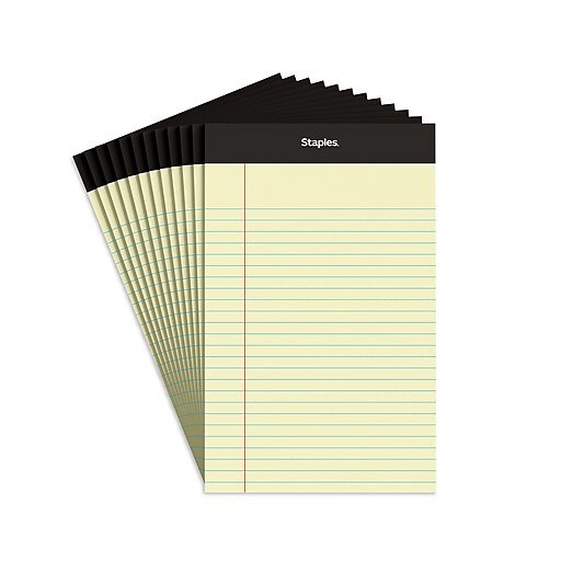 Staples Notepads, 5" x 8", Narrow Ruled, Canary, 50 Sheets/Pad, Dozen