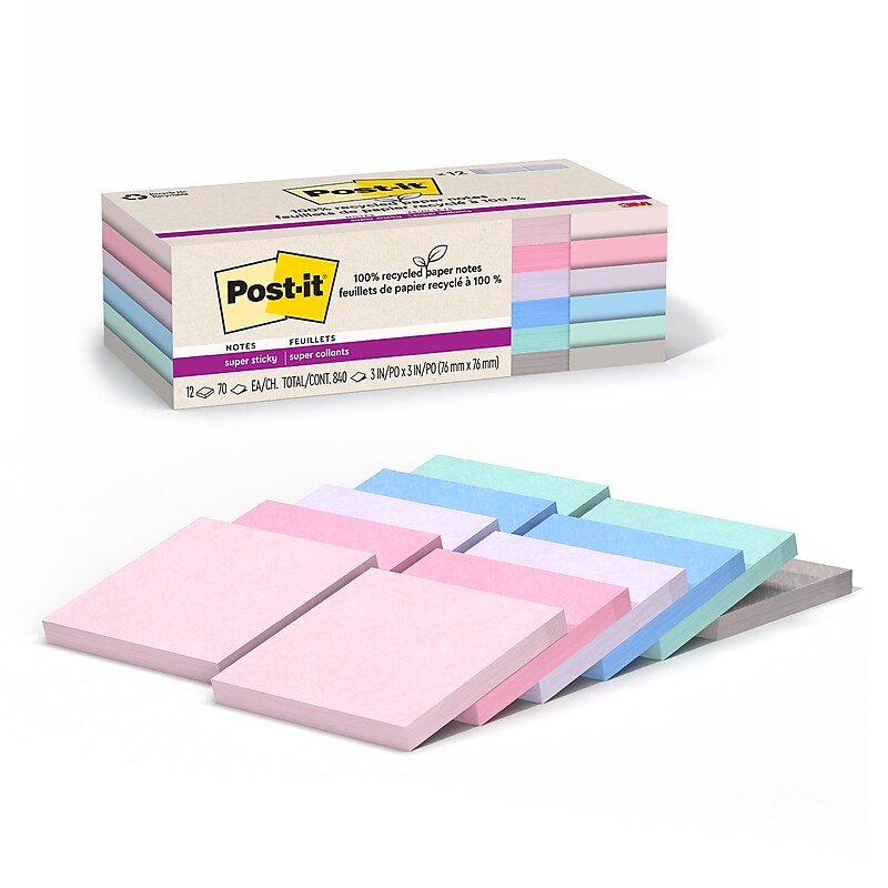 Post-it Recycled Super Sticky Notes, 3" x 3", Wanderlust Pastels Collection, 70 Sheets/Pad, 12 Pads/Pack (654R-12SSNRP) image 1