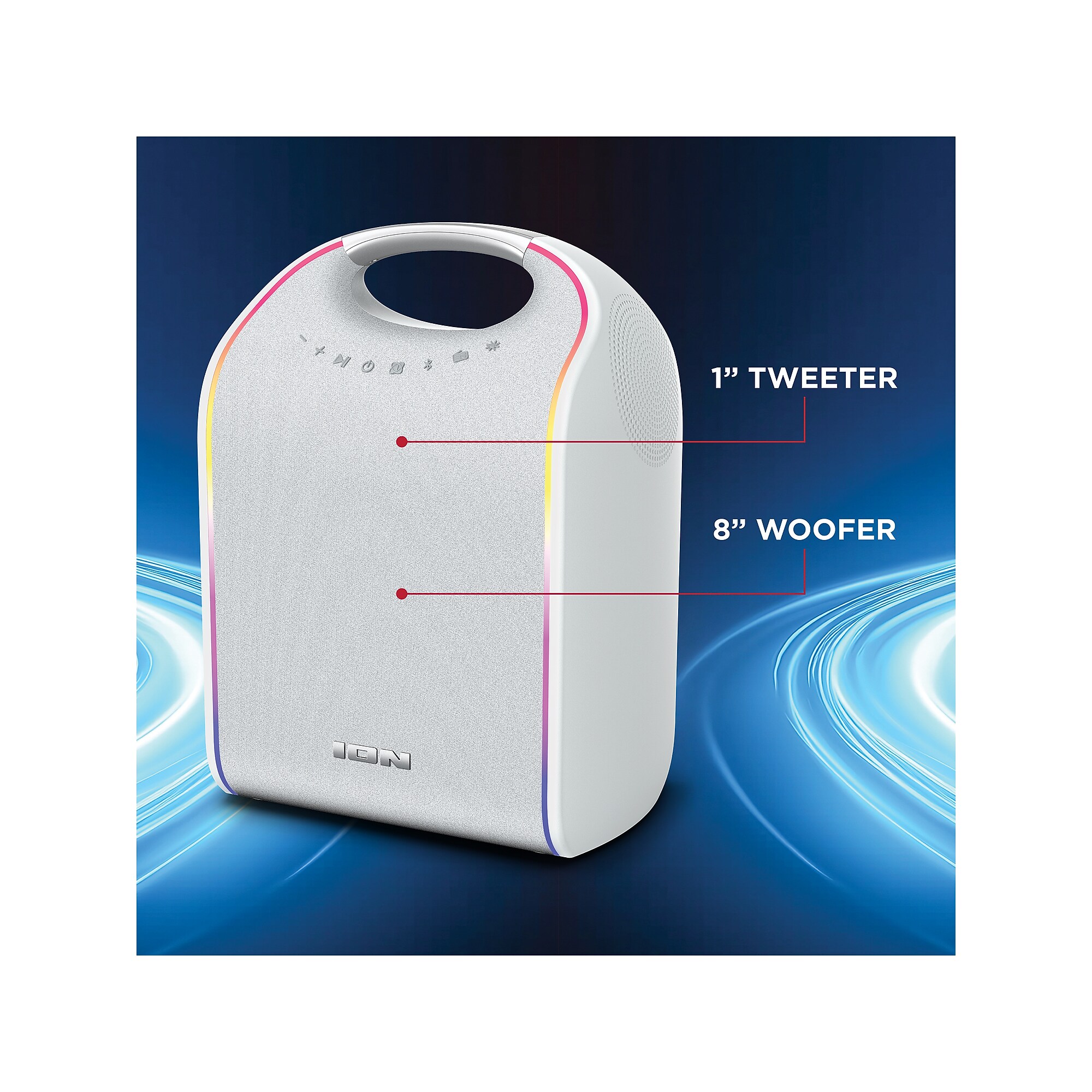 ION Stereo Glow Tone Wireless Bluetooth Portable Speaker with 8-In. Woofer & Lights, Water Resistant, White (GLOWTONEXUS) Sansujyuku sansujyuku.com