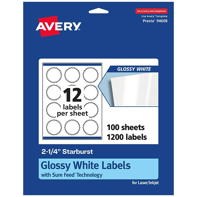 Avery Laser/Inkjet Multipurpose StarburstLabels, 2.25" Dia, Glossy White, 1200/Box (94608) image 1