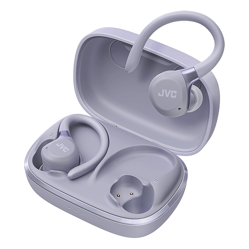 JVC Fitness True Wireless Active Noise Canceling Earbuds with Mic, Earhooks & Charging Case, Bluetooth, Violet (HA-EC75T) image 1
