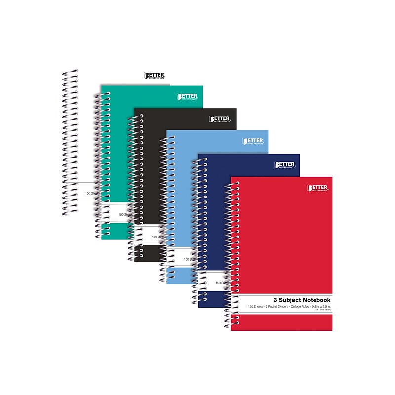 Better Office 3-Subject Notebooks, 5.5" x 9.5", College Ruled, 150 Sheets, 6/Pack (25746-6PK) image 1