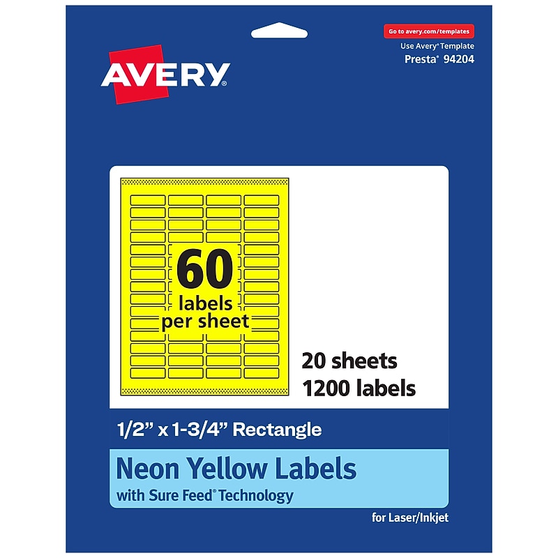 Avery Laser/Inkjet Multipurpose Rectangle Labels, 0.5" x 1.75", Neon Yellow, 1200/Pack (94204) image 1