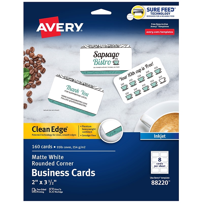 Avery Two-Side Rounded Corners Printable Clean Edge™ Business Cards, Inkjet, Matte White, 2" x 3 1/2", 160/Pk image 1