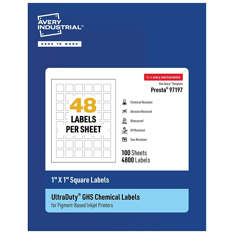 Avery UltraDuty Inkjet Square Multipurpose Labels, 1" x 1", White, 4800 Labels/Box ( 97197) image 1
