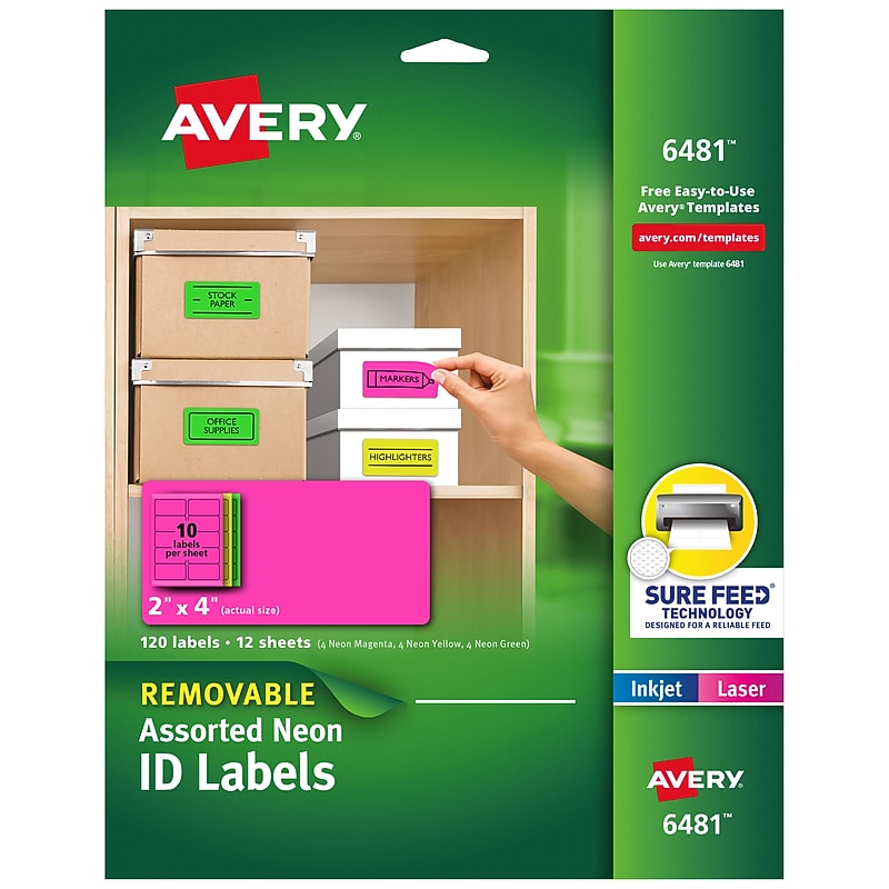 Avery Sure Feed Laser/Inkjet Removable ID Labels, 2 x 4, Assorted Neon, 120 Labels/Pack (6481) image 1