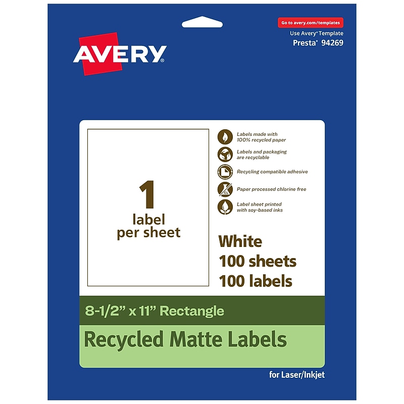 Avery EcoFriendly Laser/Inkjet Multipurpose Labels, 8-1/2" x 11", White, 100/Box (94269) image 1