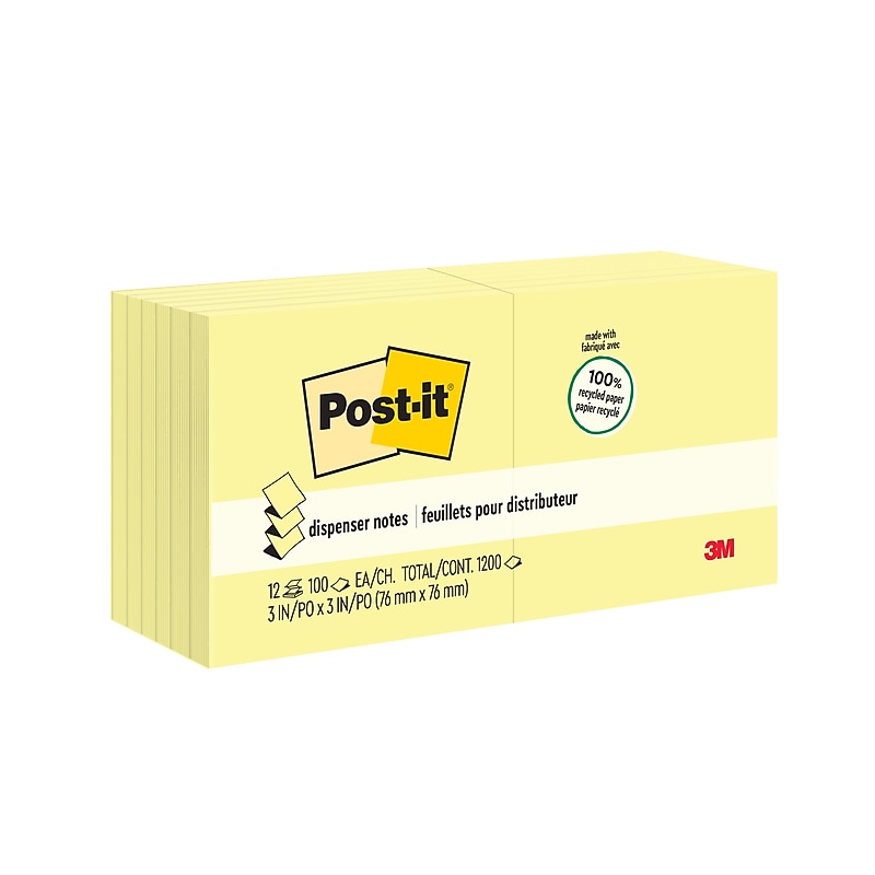 Post-it Recycled Pop-up Notes, 3" x 3", Canary Collection, 100 Sheet/Pad, 12 Pads/Pack (R330RP12YW) image 1