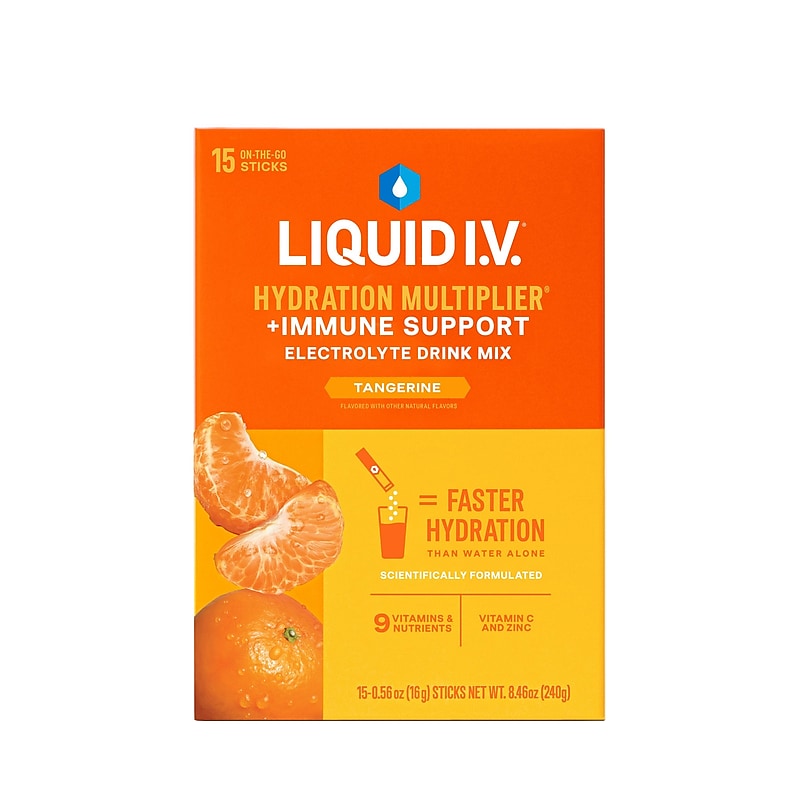 LIQUID I.V. Hydration Multiplier Immune Support Tangerine Electrolyte Powder Drink Mix, 0.56 oz., 15 Sticks/Box (EHC28602) image 1