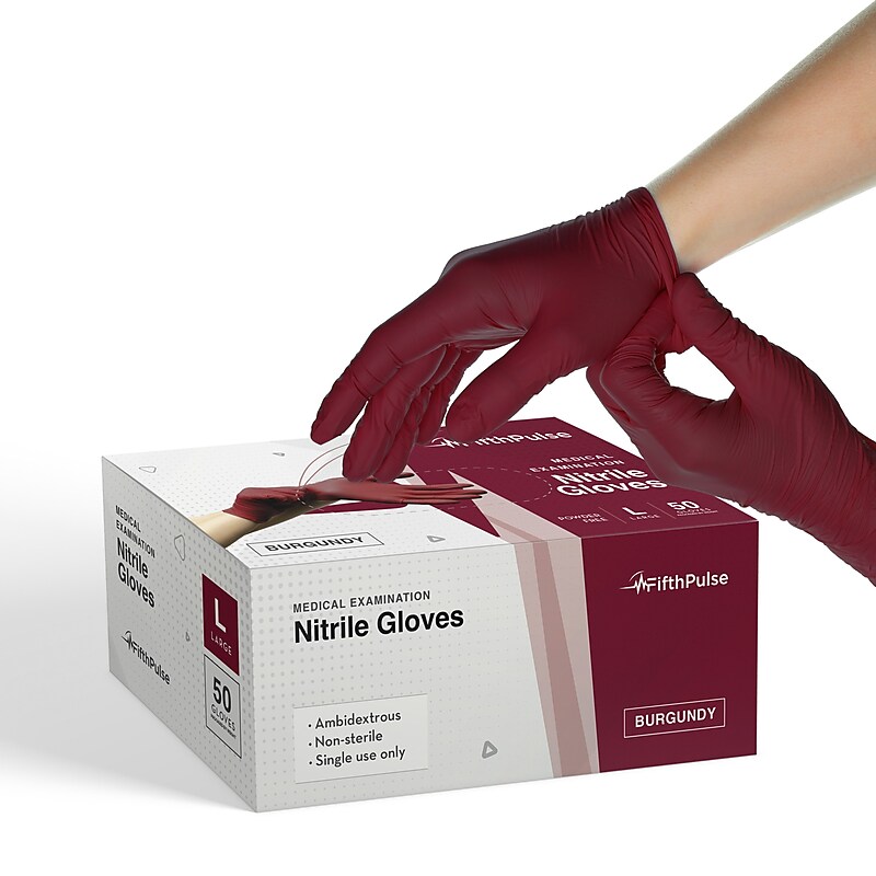 FifthPulse Powder Free Nitrile Gloves, Latex Free, Large, Burgundy, 50/Box (FMN100184) image 1