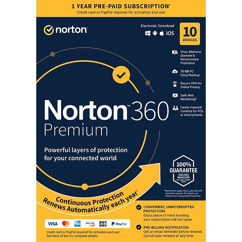 Norton 360 Premium 10 Device, Windows/Mac/Android/iOS, Product Key Card (21392060) image 1