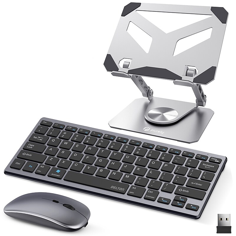 Delton SW60 iPad/Android Stand & N35 Small Wireless Keyboard and Mouse Tablet Accessory Set, Silver (DTTKITMIN35SW60) image 1