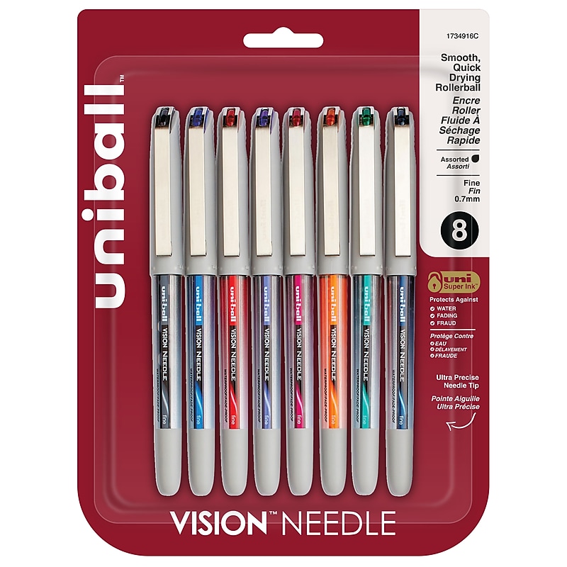 uni-ball Vision Needle Rollerball Pens, Fine Point, 0.7mm, Assorted Ink, 8/Pack (1734916) image 1