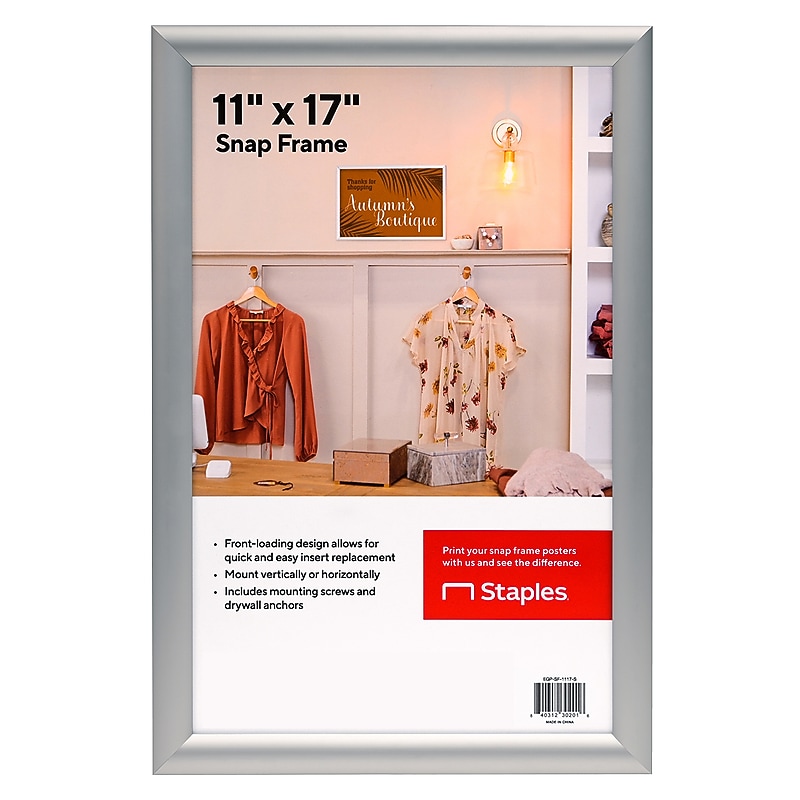 Staples Snap Frame Poster Holder, 11" x 17", Wall Mounted, Silver Aluminum (EGP-SF-1117-S) image 1