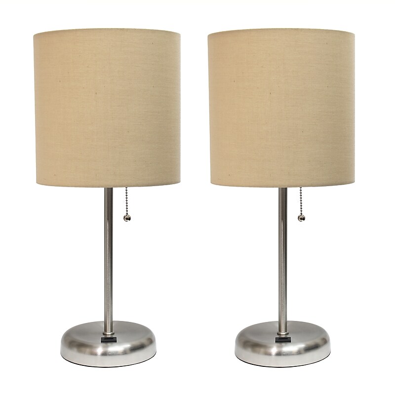 Creekwood Home Oslo Duo 19.5" LED Table Lamp with USB Port, Brushed Steel/Tan Shade, 2/Set (CWT-2012-TN-2PK) image 1
