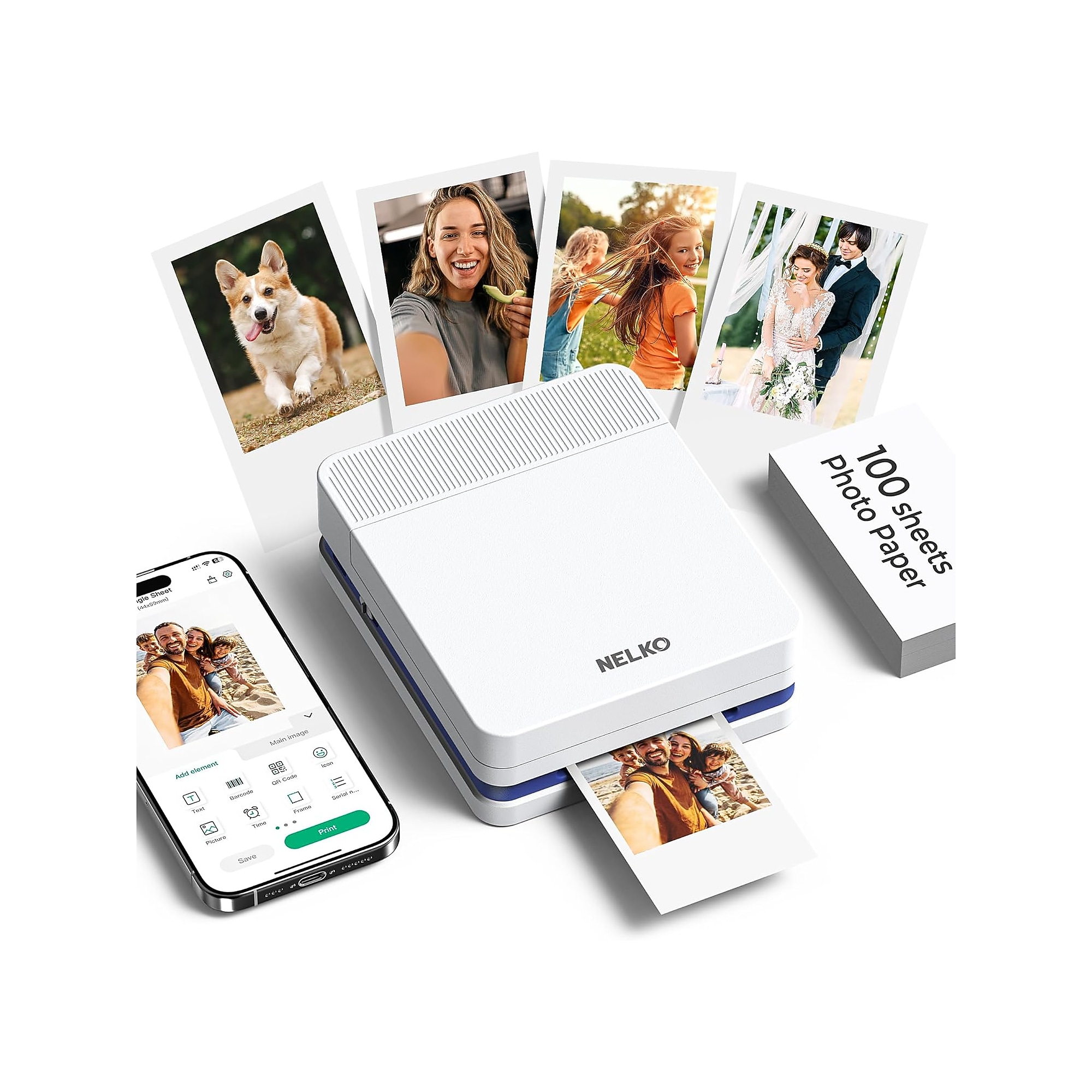 NELKO Inkjet Portable Bluetooth Photo Printer with 100 Sheets Photo Paper (US-PP03WHPU-PA100S) Sansujyuku sansujyuku.com