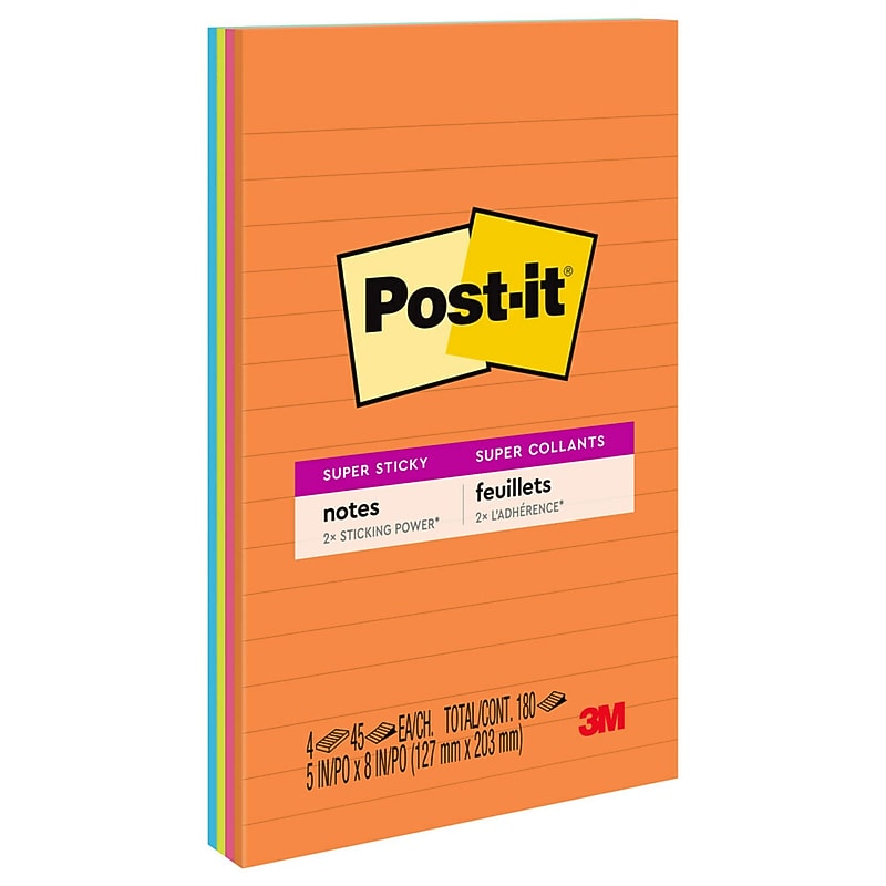 Post-it Super Sticky Notes, 5" x 8", Energy Boost Collection, Lined, 45 Sheet/Pad, 4 Pads/Pack (5845SSUC) image 1