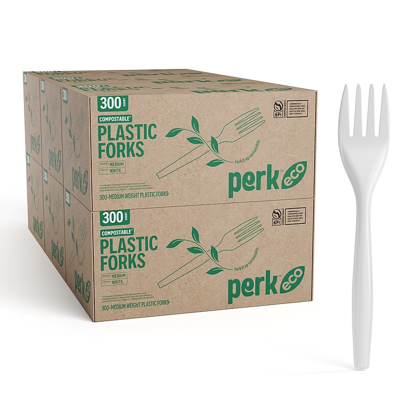 Perk™ Eco Compostable PLA Fork, Medium-Weight, White, 1800/Carton (PK56201CT) image 1