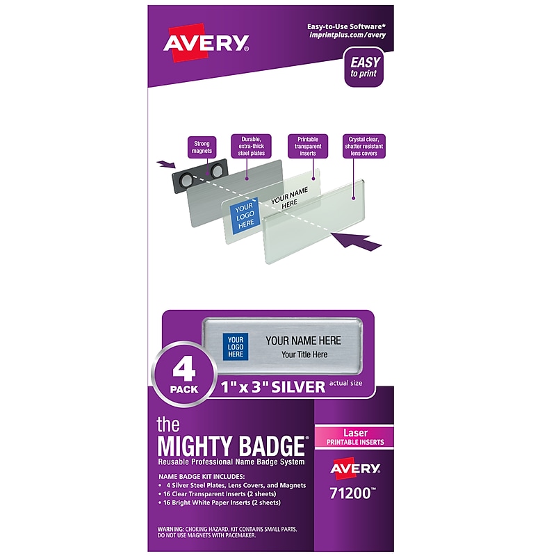 Avery The Mighty Badge Laser Reusable  Magnetic Name Badge System, 1" x 3", Silver, 32 Inserts, 4/Pack (71200) image 1