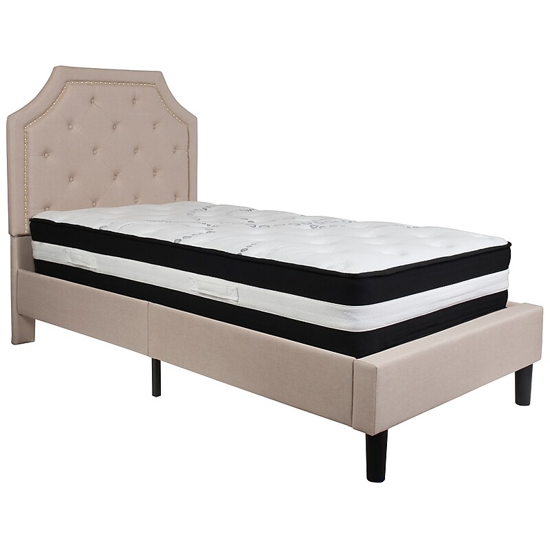 Flash Furniture Brighton Tufted Upholstered Platform Bed in Beige Fabric with Pocket Spring Mattress, Twin (SLBM1) image 1