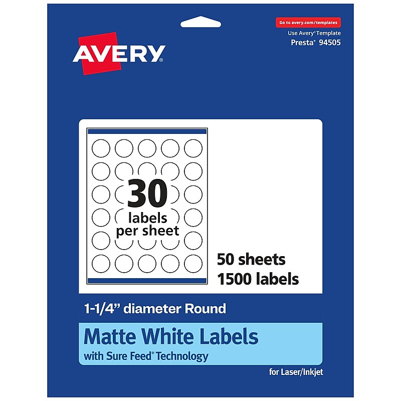 Avery Laser/Inkjet Round Multipurpose Labels, 1.25" Dia, Matte White, 1500 Labels/Box (94505) image 1