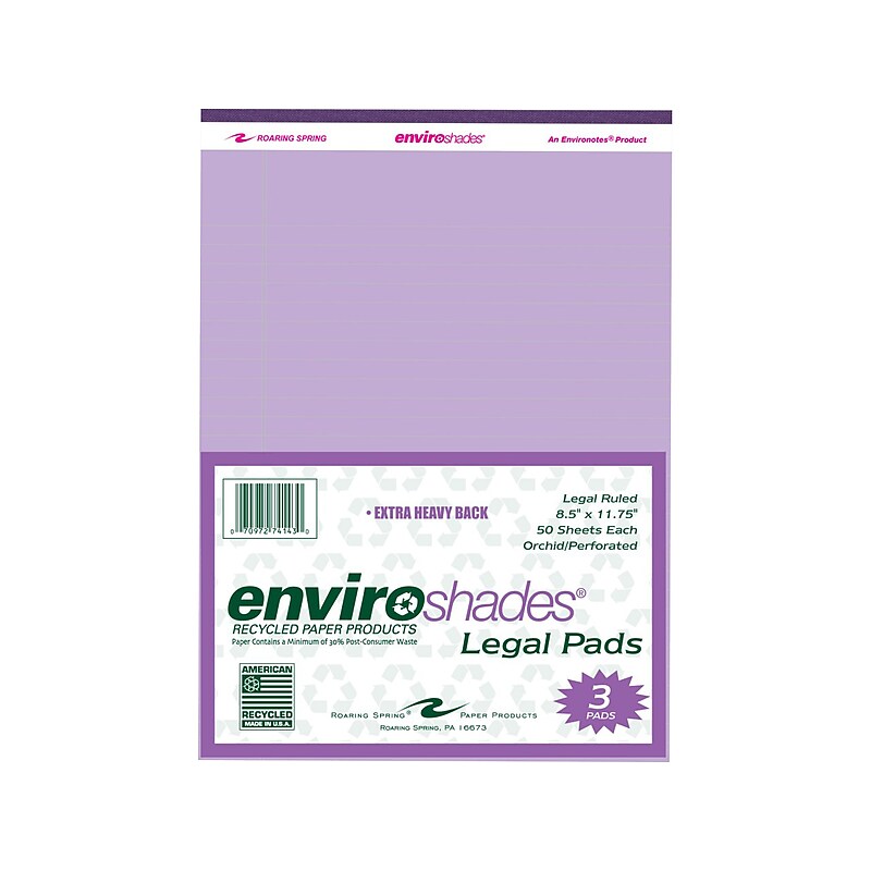 Roaring Spring Paper Products Legal Pads, Recycled Orchid Paper, 8.5" x 11.75", 50 Sheets/Pad, 3 Pads/Pack (74143) image 1