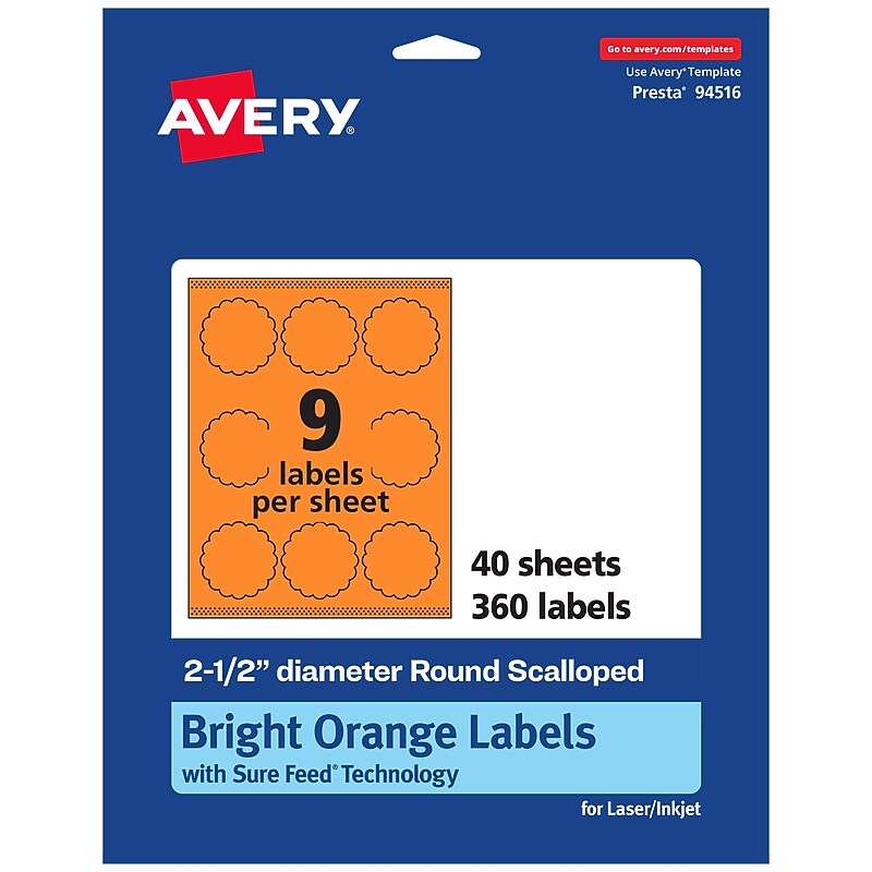 Avery Decorative Edge Multipurpose Labels, 2.5" Dia., Bright Orange, 360/Pack (94516) image 1