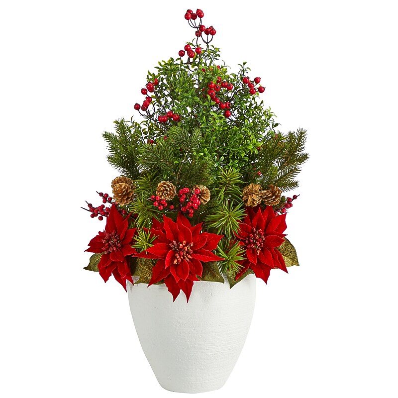 Nearly Natural Artificial Poinsettia, Boxwood and Succulent Arrangement in White Vase, 32" (A1397) image 1