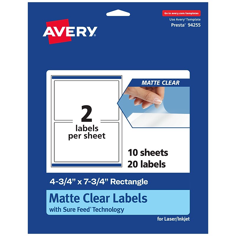 Avery Laser/Inkjet Rectangle Multipurpose Labels, 4-3/4" x 7-3/4", Clear, 20/Pack (94255) image 1