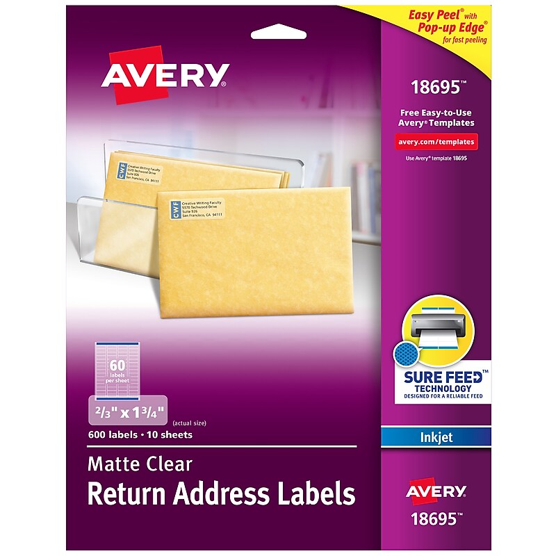 Avery Easy Peel Inkjet Return Address Labels, 2/3" x 1-3/4", Clear, 600 Labels/Pack (18695) image 1