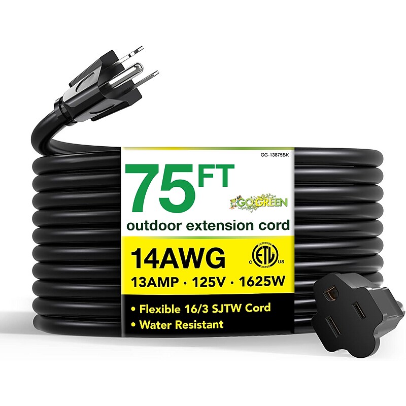 Power By GoGreen Heavy Duty Extension Cord 75' Extension Cord, 14-Gauge, Black (GG-13875BK) image 1