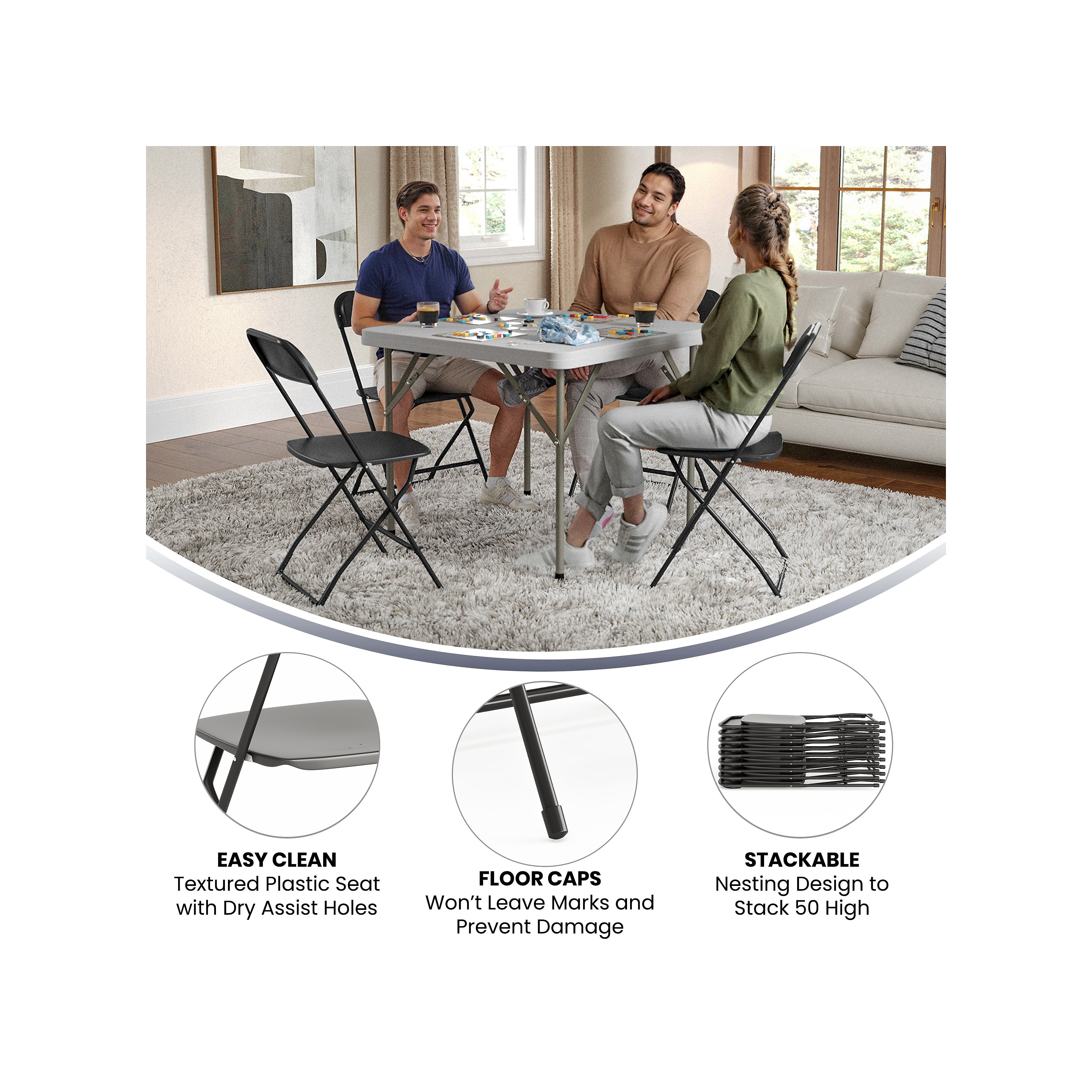 Several black folding chairs set up around a dining table outdoors.
