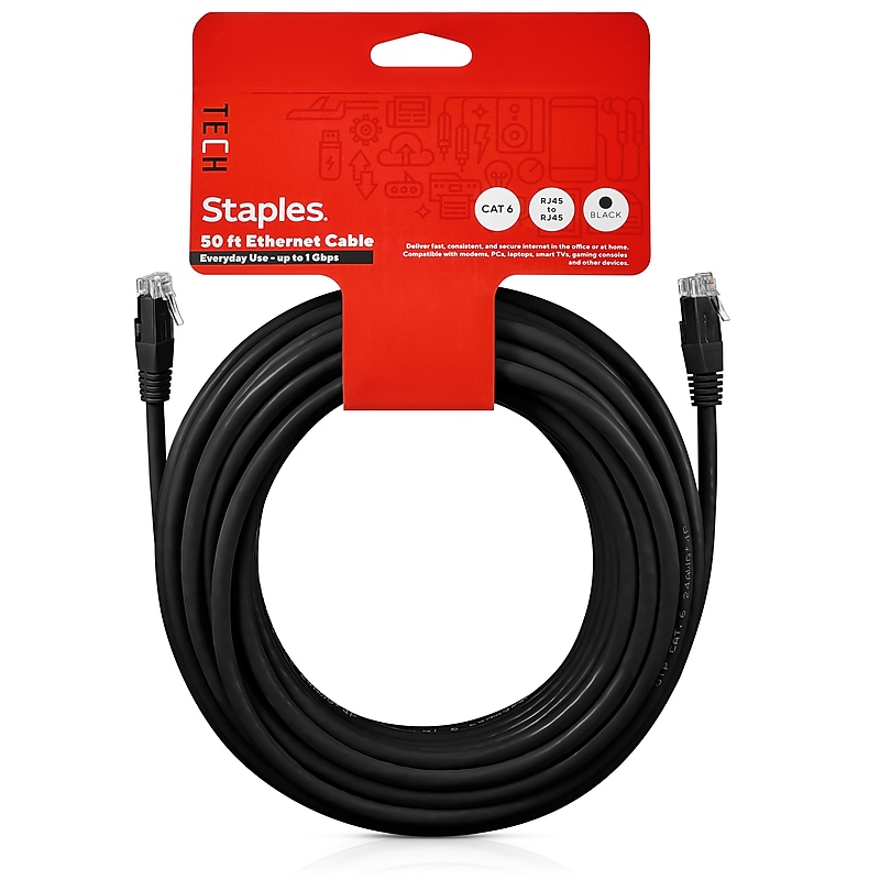 Staples TECH 50' Cat-6 Ethernet Cable, Male to Male, Black (ST62448) image 1