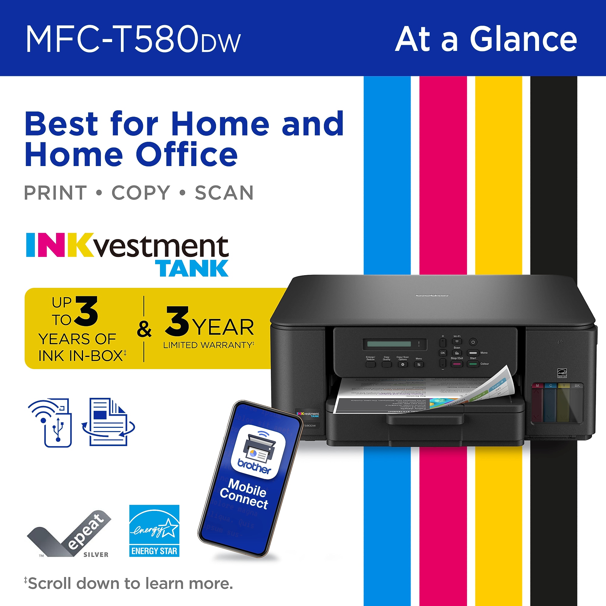 Brother INKvestment Tank MFC-T580DW Wireless Color All-In-One Supertank Inkjet Printer, Best for Home Office Sansujyuku sansujyuku.com