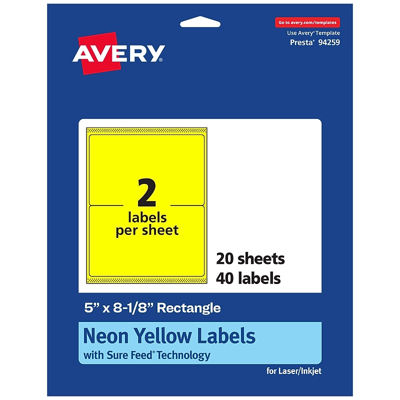 Avery Rectangle Multipurpose Labels, 5" x 8-1/8", Neon Yellow, 40/Pack (94259) image 1