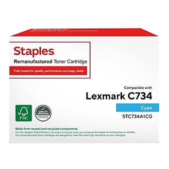Staples Remanufactured Cyan Standard Yield Toner Cartridge Replacement for Lexmark (TRC734A1CG/STC734A1CGDS)