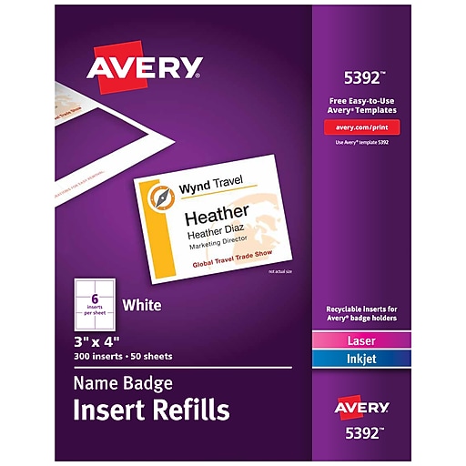 Avery Printable Laser/Inkjet Name Badge Insert Refills, 3" x 4", White