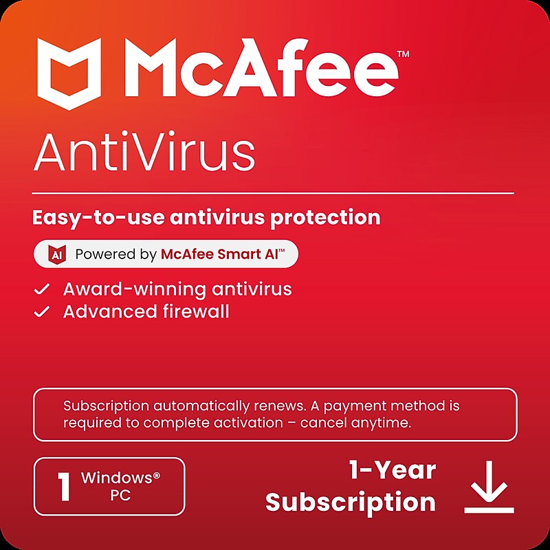 McAfee AntiVirus for 1 User, Windows, Download (MAB21EUS1RAAD) image 1
