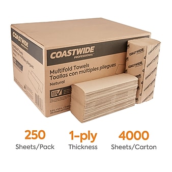 Coastwide Professional™ Recycled Multifold Paper Towels, 1-ply, 250 Sheets/Pack, 16 Packs/Carton (CW25228)