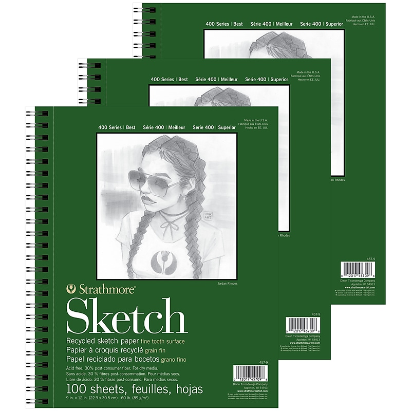Strathmore 400 Series 9" x 12" Wire Bound Sketch Pad, 100 Sheets/Pad, 3/Bundle (STTP457903-3) image 1