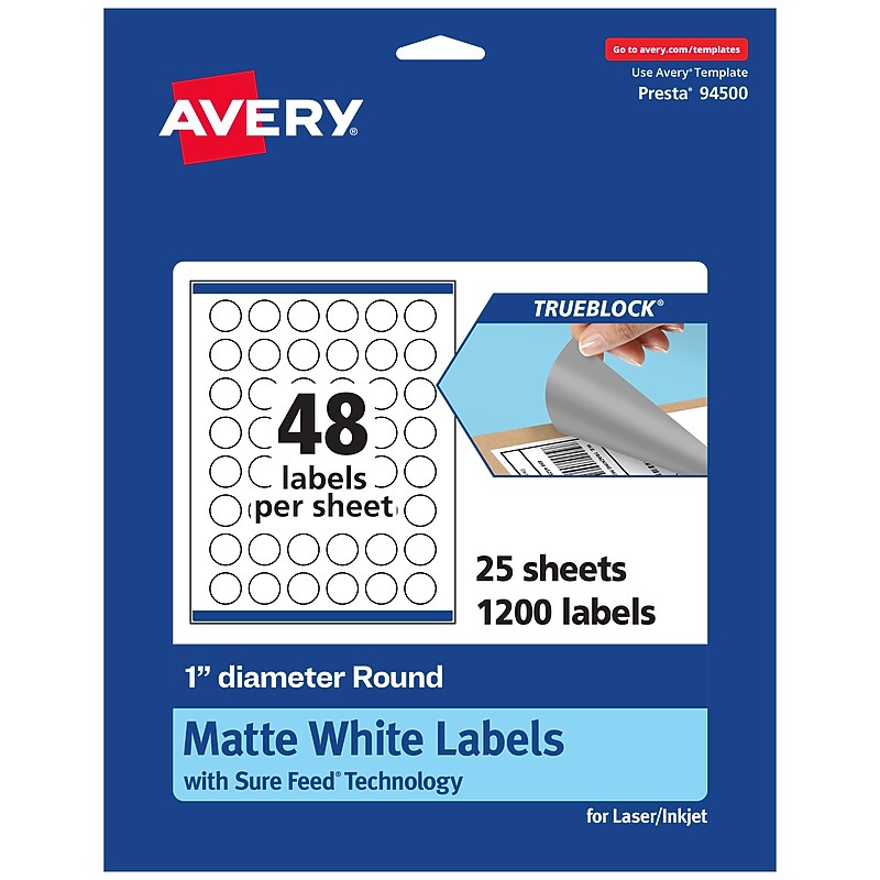 Avery TrueBlock Laser/Inkjet Round Multipurpose Labels, 1" Dia., White, 1200 Labels/Pack (94500) image 1