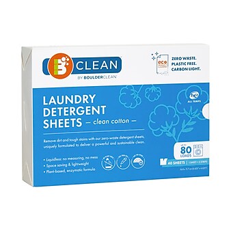 Boulder Clean Laundry Detergent Sheets, Clean Cotton, 40/Pack