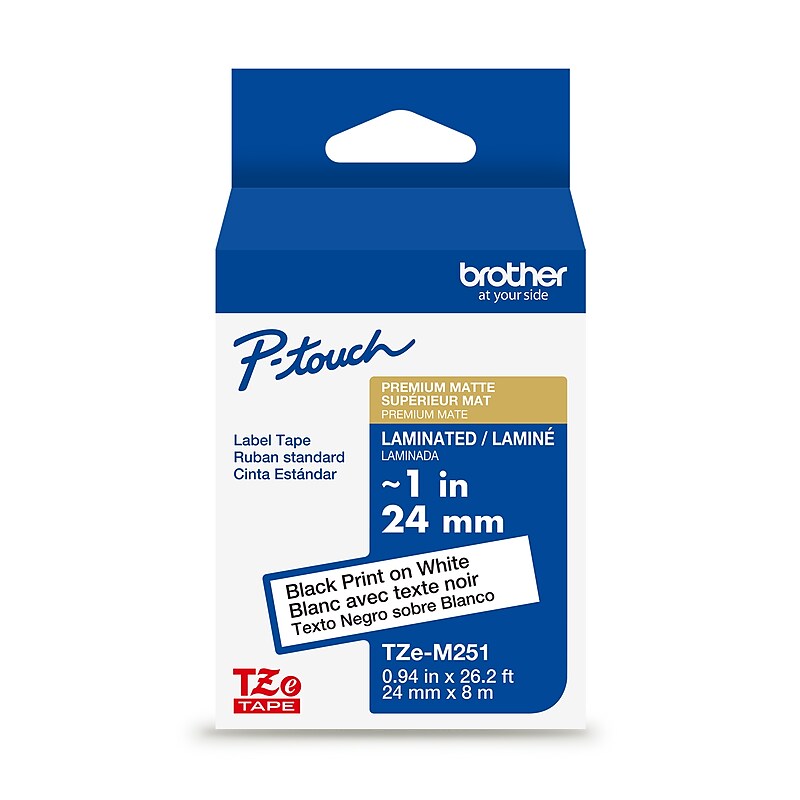 Brother P-touch Premium Matte Laminated Label Tape, ~1" x 26.2', Black on White (TZeM251) image 1