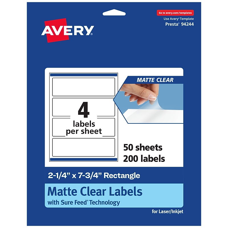 Avery Laser/Inkjet Rectangle Multipurpose Labels, 2-1/4" x 7-3/4", Clear, 200/Box (94244) image 1